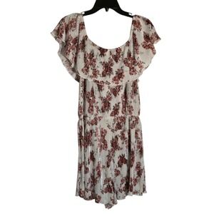 No Comment NY LA Floral Plisse Off Shoulder Ruffle Romper Metallic Pink Ivory M